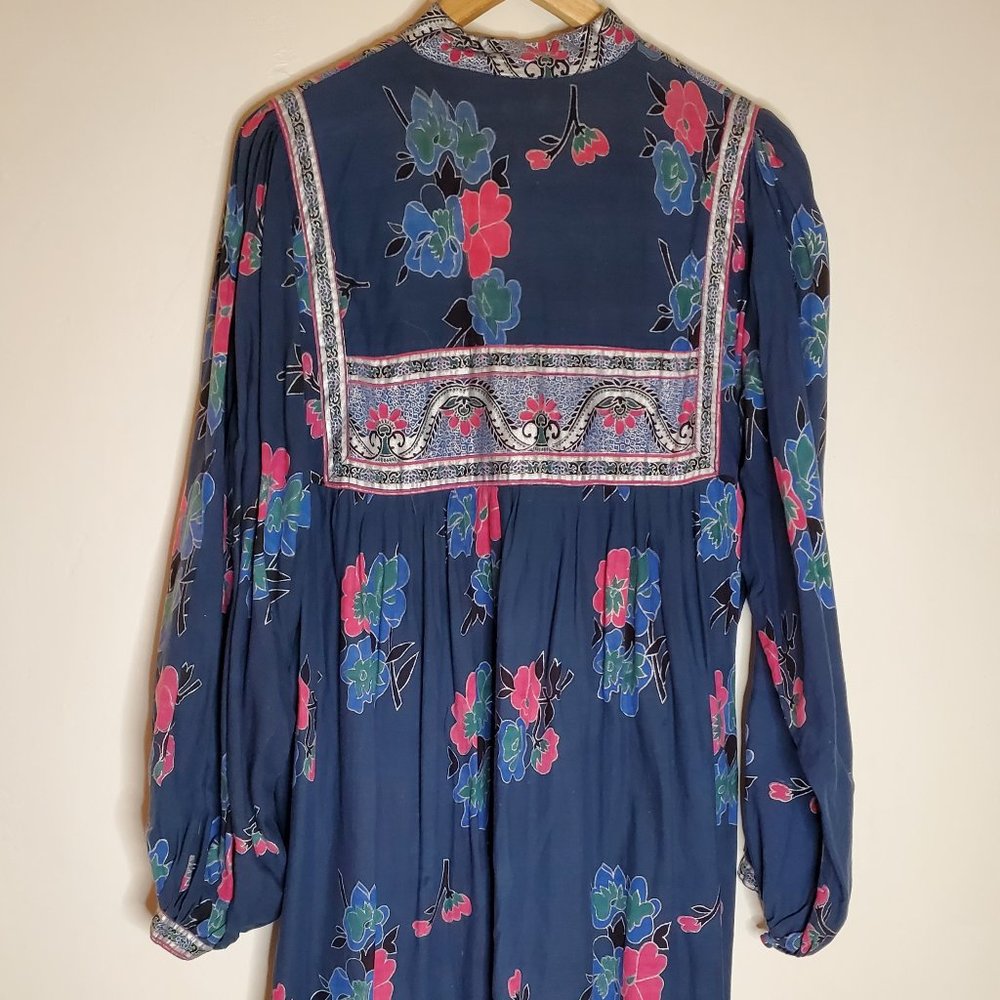 Night Spirits Navy Pink and Silver Floral Long Sleeve Indian Hippie Folk Dress - Picture 3 of 9